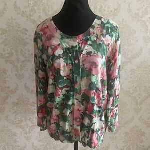 Talbots Green and Pink Floral Button Down Cardigan